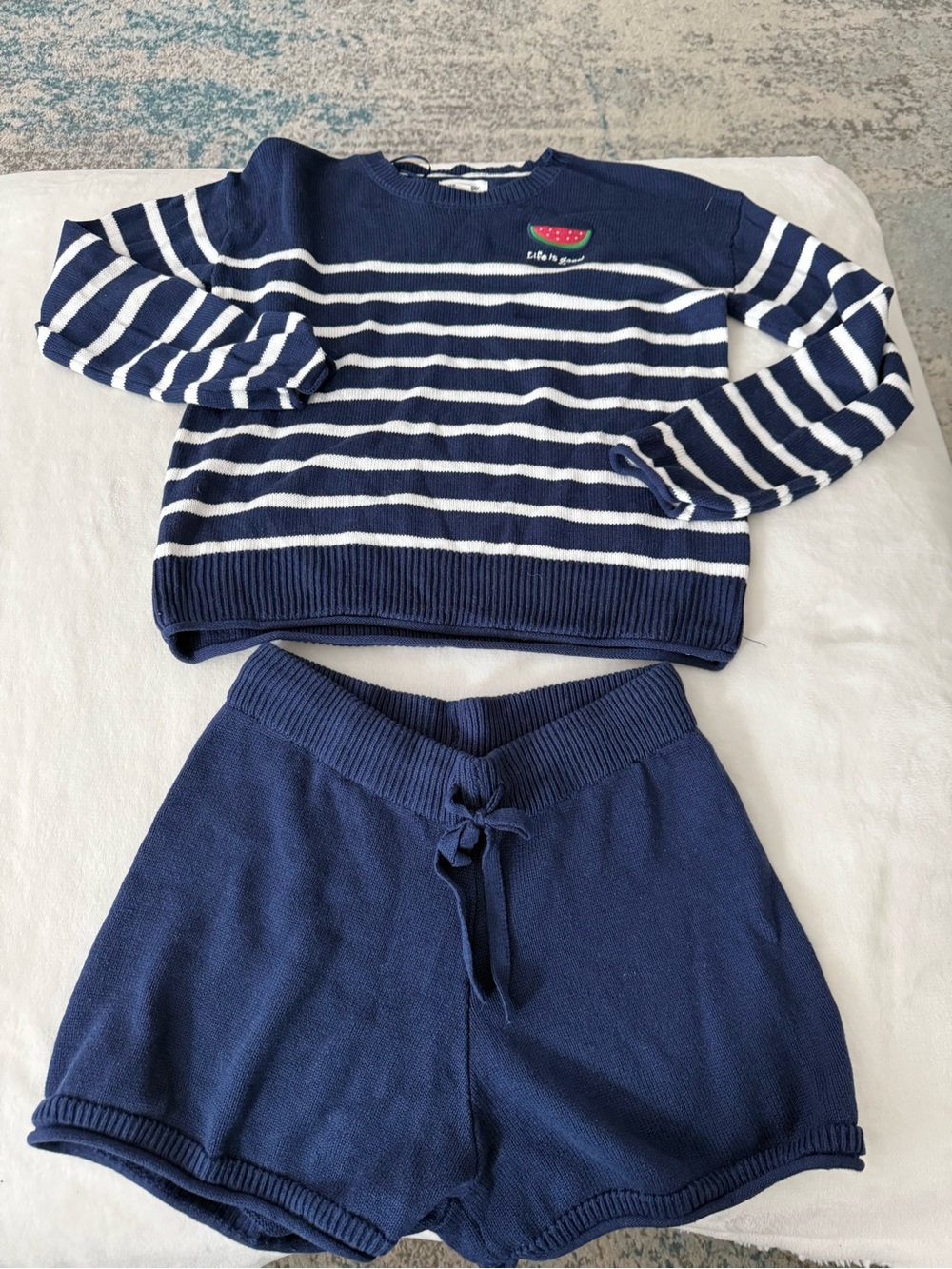 Life Is Good Womens Knit Sweater Set SMALL Loungewear Navy Blue Striped Cozy D72
